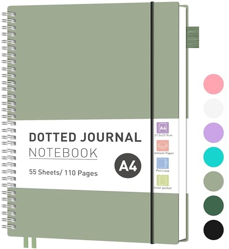 RETTACY Anteckningsbok A4 prickig, bullet journal, lätt collegeblock, 110 ark/55 sidor att skriva, 100 gsm, PVC-bok, för kvinnor och män arbete kontor, 21,5 x 27,9 cm – grön