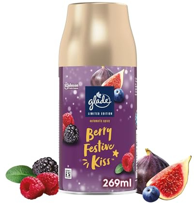 Glade automatiska luftfräschare, påfyllningar av rum, spray och lukteliminator för hem, långvarig doft infunderad med eteriska oljor, festliga kyssar, 4-pack (4 x 269 ml)