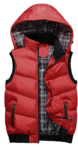 KONG JIMFAN Black Friday 2024 Steppweste Herren Baumwolle Bequeme Weste Herren mit Kapuze Outdoorwesten Übergangs Daunenweste Outdoor Jacke Taschen Ärmellos Jacke Daunenjacken(Rot,XL)