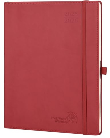 POPRUN Kalender 2025 2026 Wochenplaner (Aug.2025-Dez.2026) Softcover mit PU-Leder, ca. A4 (26,5 x 21,5 cm), 17-Monate-Terminplaner 1 Woche 2 Seite mit FSC®-Zertifiziertem Papier - Burgunderrot