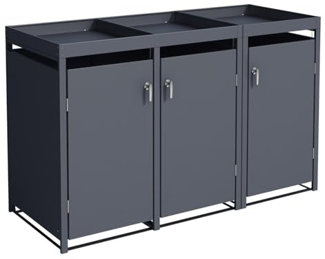 STILISTA Mülltonnenverkleidung aus Metall mit Pflanzdach, je 240 Liter, Anthrazit V2, 3-türig