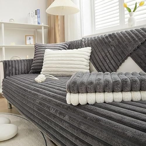 U Form Couch üBerzug PlüSch, Couchschoner SitzfläChe Rutschfest, Sofabezug Ecksofa L Form Samt, Sofa üBerzug Ohne Armlehne, Couch üBerwurfdecke, Sofa Schutz Katzen/Hund,Dunkelgrau,pillow 30×50cm