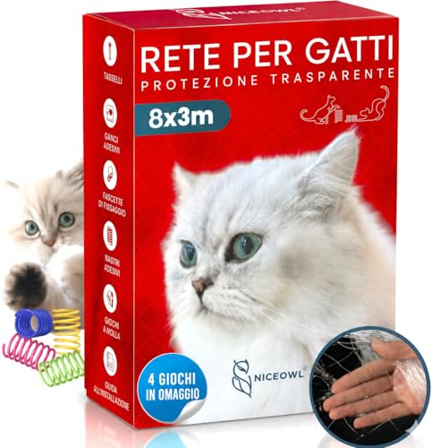 NICEOWL Rete per Gatti I Trasparente I 8x3m I Giocattolo Regalo I Rete per Gatti Balcone Trasparente I Rete Balcone per Gatti | Rete Protezione Balcone e Finestra per Gatti