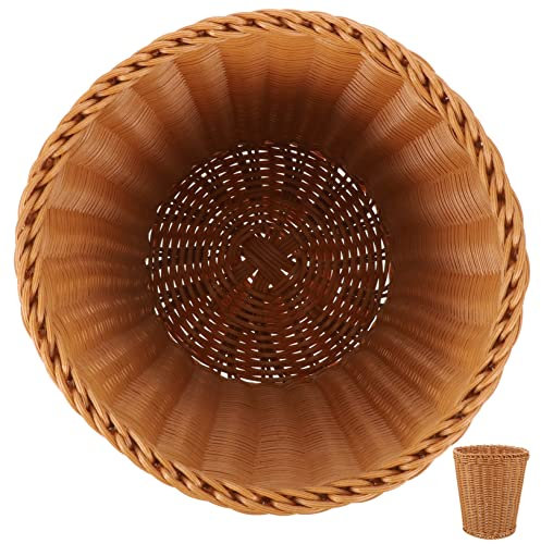 DECHOUS Tabletop Woven Basket Plastic Waste Basket Multi-function Sundries Storage Container for Home Office Brown Round No Lid
