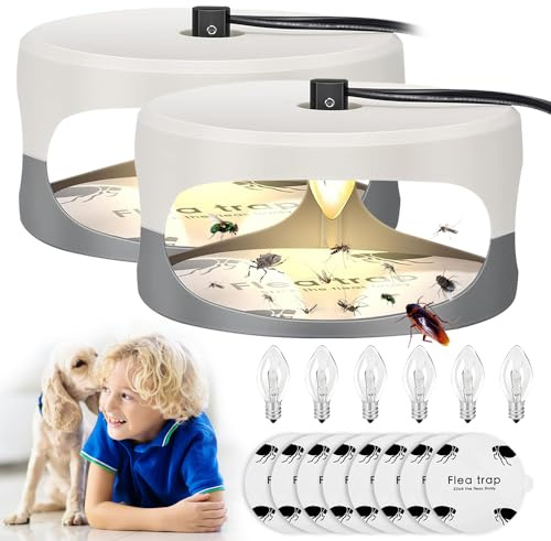 KUWUNG 2 Pièces Piege a Puces, Piege a Puces Maison avec 6 Ampoules et 8 Disques Adhésifs, Piège à Puces avec Ampoule, Lampe Anti-puces pour Salon, Chambre, Chambre denfant, Cuisine