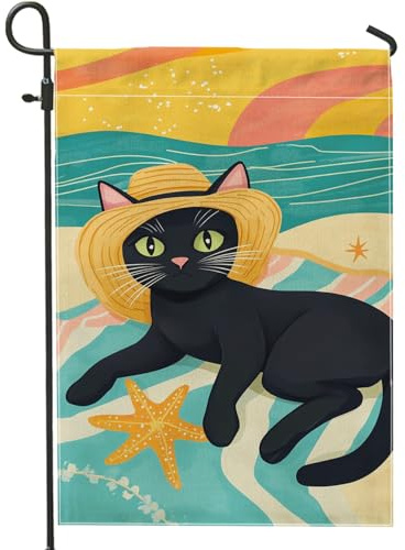 Katze mit Strohhut, Gartenflagge, Küstenstranddekoration, Sommerurlaub, Hofflaggen, doppelseitig, für den Außenbereich, Rasendekoration, 30,5 x 45,7 cm