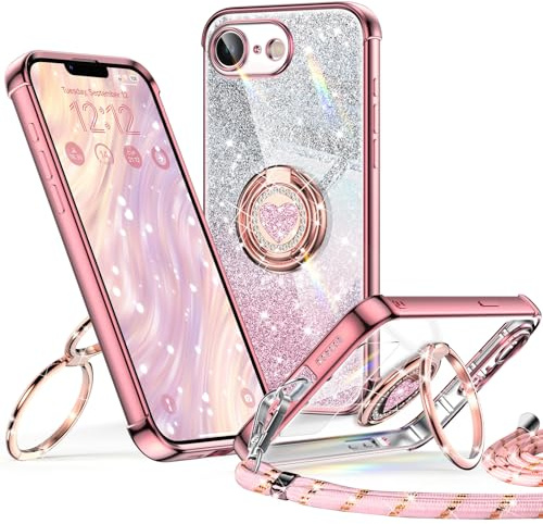 XYZ für iPhone 17E / 16E Hülle mit Band, Herzen Doppelring Ständer | Luxus Glitzer HandyHülle Kameraschutz, Frauen Stoßfest Elektroplattiert Case Soft TPU SchutzHülle Clear, Roségold