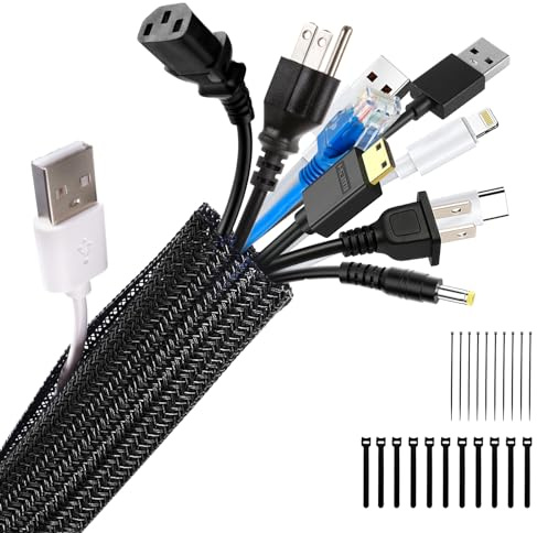 Garrulo Kabelschlauch Selbstschließend Schwarz, 13mm-6M Kabelkanal Flexibel Gewebter Kabelmantel mit 10pcs Kabelbinder und 10pcs Selbstklebendes Klettband