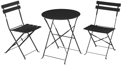eSituro Mobili da Balcone 3 Pezzi, Tavolo Bistrot con 2 Sedie, Set di Mobili da Giardino Pieghevoli, Set Bistrot Esterno, Metallo, Nero