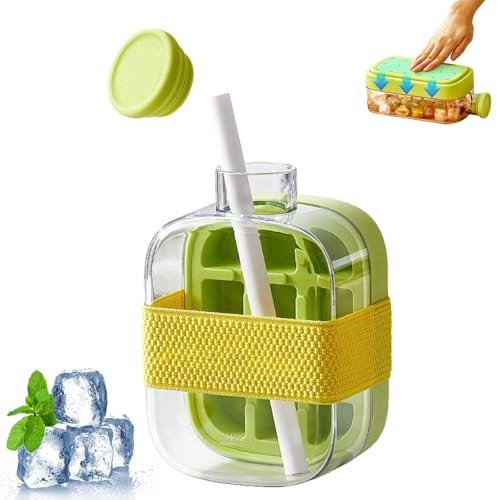 Bac à Glacon 2 en 1 avec Paille, Bac à Glaçons avec Couvercle,No Touch Bouteille de fabrication de glaçons, Pour La Fabrication De Glace à La Maison, Les Pique-Niques En Plein Air (Vert,500ml)