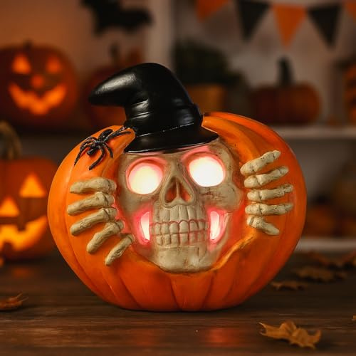 Halloween Deko Kürbis Schädel mit Lichter, Leuchtend Halloween Kürbis mit Totenkopf Spinne und Hut, Harz LED Herbstdeko Kürbis Lampe für Innen Außen Halloween Dekoration