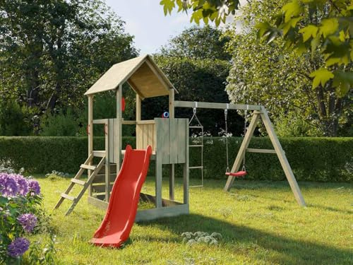 Prestige Garden Spielturm Little Monkey KDI | 410x260x250 cm | Kesseldruckimprägniert Kiefernholz | Inkl. Rutsche rot, Schaukel, Sandkasten & Zubehör | 90 cm Podesthöhe