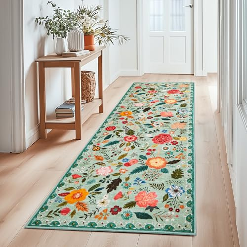 Flur Teppich Kurzflor Läufer, Blumenmuster 6mm Ultradünn, 80x150cm, Grün | Waschbarer Vintage, Wohnzimmerteppich Niedriger Flor Weich für Bettvorleger Matte/Deko/Schlafzimmer/Kinderzimmer