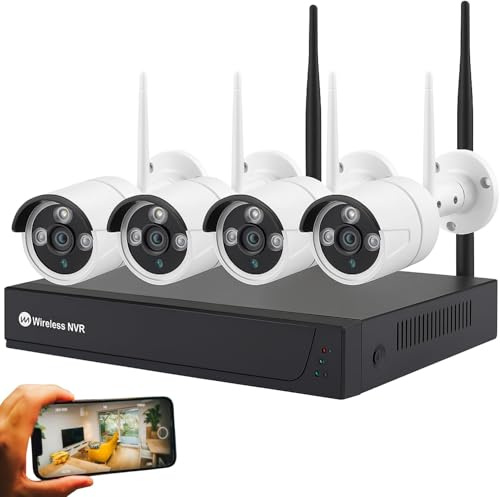 Generico Kit Videosorveglianza Wireless, HD 4 Telecamere WiFi, Sistema IP Remoto con NVR, Supporto 5G e Connessione LAN, Sistema di Sorveglianza Rivelazione Movimento.