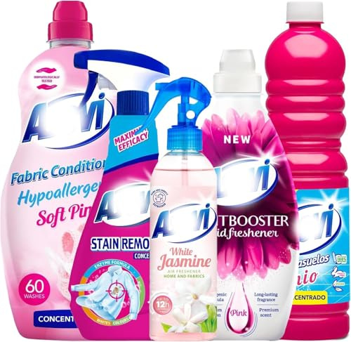 5 Piece Pink Bundle Spanish Cleaning Products Giftset, White Jasmine Air Freshener 400ml Clothes Scent Booster 720ml Floor Cleaner Disinfectant 1L Fabric Stain Remover 720ml Fabric Softener 60 Washes