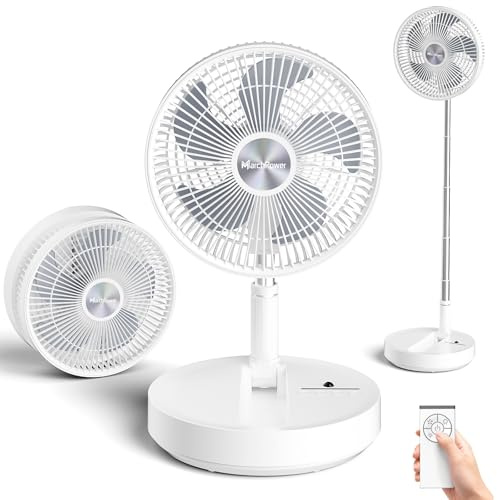Marchpower Ventilateur sur Pied Silencieux Pliable 4 Vitesses avec Télécommande Minuterie 8H 7200mAh Battery Rechargeable Hauteur Réglable 42.6-97.2cm pour Bureau Table Chambre -Blanc
