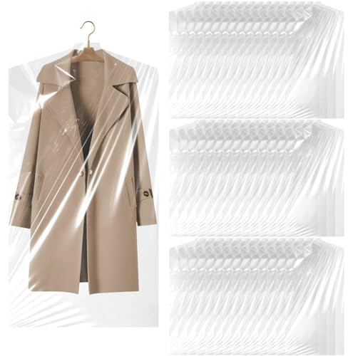 Long Plastic Clothes Covers, 40 Pack 60x130cm Clear Plastic Bags for Garment, Dry Cleaning Protector Bags for Coat Suit Shirt Jacket, Storage Covers for Home or Travel (Transparent)