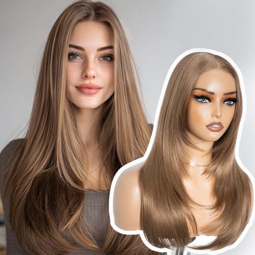 Style Icon Wear and Go peruk för nybörjare, lång skiktad rak syntetisk Lace-Front-peruk med förlängd lugg, 50,8 cm, 3 sekunder att bära (12Q)