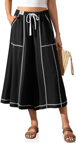 TARSE Womens Linen Skirt Pants Wide Leg Capri Culottes Boho Summer Casual Vacation Palazzo Pants with Pocket(Black,XL)