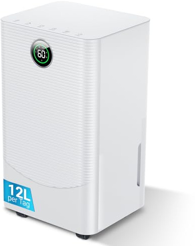 Luftentfeuchter 12L/Tag, mit Feuchtigkeitssensor und LED Display, 24-Stunden-Timer, 3 Entfeuchtungsmodi, geeignet für den Schlafzimmer Büro Keller, Kontinuierliche Entwässerung, weiß