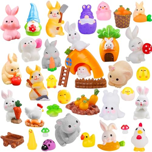WIURGOHA 50pcs Easter Mini Resin Animals,Tiny Resin Easter Bunny Chicks Plastic Animal Figures Bulk,Mini Animal Figurines Village Egg Fillers for Fairy Garden Micro Landscape Aquarium Dollhouse Decor