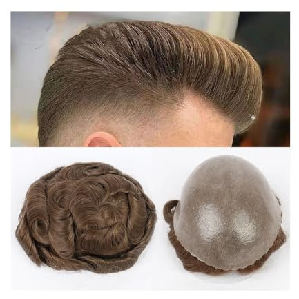 Perücken für Männer Männer Toupet Kurze Haare Teile for Männer 0,12mm Poly Ersatz System männer Toupet Echthaar Prothese Männliche perücke(Medium Light Brown,7x9)