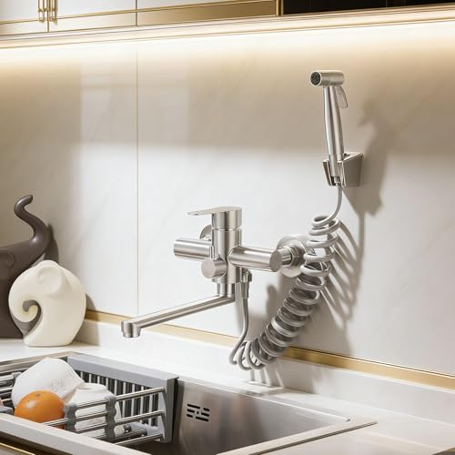HARNART Robinet Mural Cuisine,Mitigeur Cuisine Mural avec Pistolet,Pivotant à 360° Robinet Mélangeur,Tube Rotatif 22cm,Brossée