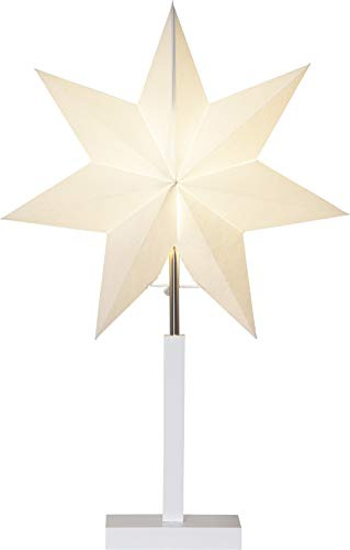Star Trading Weihnachtsstern Karo - 3D Papierstern Tischleuchte in Weiss mit Holzfuss, Adventsstern Standleuchte, E14, Kabelschalter, Hohe 52 cm