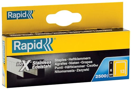 Rapid Tackerklammern Edelstahl Typ 13, 6mm Klammern V2A, 2.500 Stk., Feindrahtklammern für Holz und Leinwand | Rostfreier V2A Edelstahl; präziser Anschnitt; für Typ 13 Tackern; für Holz, Stoffe und Leinwände; 6 mm Länge; 2.500 Stück