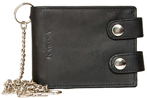 FLW Portafoglio RFID tasca nero biker in vera pelle forte con catena in metallo