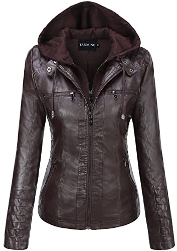 Tanming Womens Faux Leather Jacket Hooded Moto Biker Coat Outerwear Fall Fashion Outfits Winter Clothes