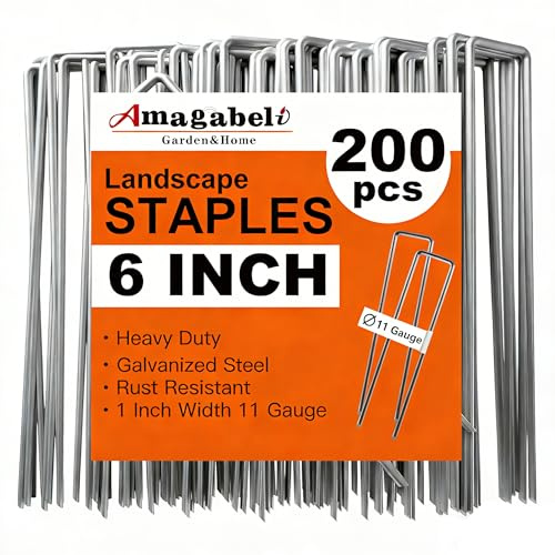 AMAGABELI 6 Inch 200 Pack Galvanized Landscape Staples 11 Gauge Anti-Rust Heavy Duty Garden Stakes Plant Cover Spikes U-Shaped Sod Pins Fence Stakes for Weed Barrier,Irrigation Tubing,Lawns,Decoration