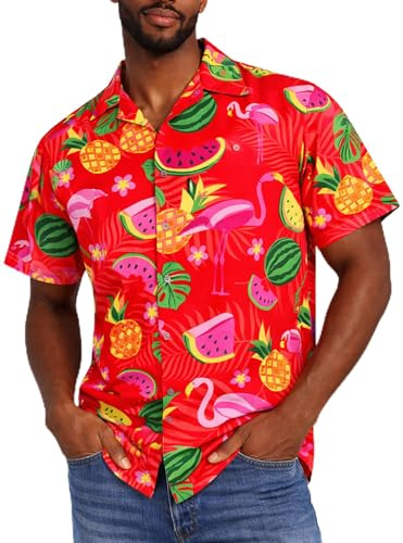 King Kameha Camisa Hawaiana Hombre de Manga Corta, Flamingo Melon, Rojo, L