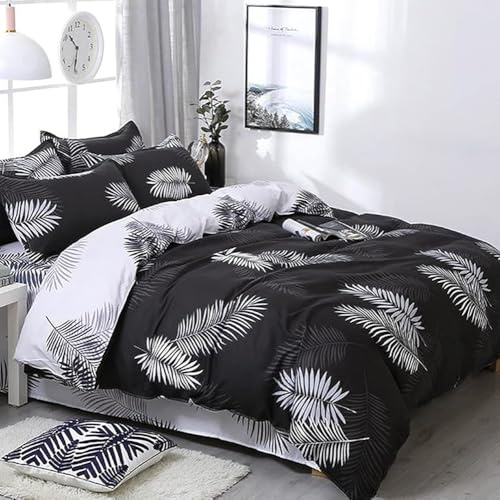 Michorinee Bettwäsche 155x220 Schwarz Weiß Palmen Blätter Muster Bettbezug 155 x 220 cm und Kissenbezug 80x80 cm Microfaser Wendebettwäsche Set mit Reißverschluss