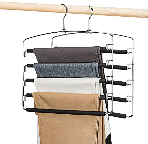 Trousers Hangers, 2 Pack Space Saving Multi-Bar Metal Pants Hanger with Non Slip Foam Padded Swing Arm, Closet Storage Organizer for Pants Jeans Scarf Trousers Ties - Black