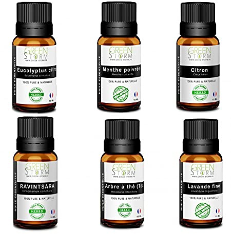 Lots 6 huiles essentielles Lavande, Arbre à thé, Menthe poivrée, Citron, Eucalyptus citronné, Ravintsara 10ML