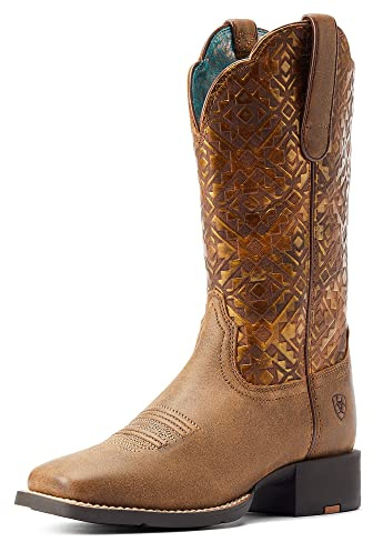 ARIAT BMVY9 Womens Round Up Wide Square Toe Western Boot Bare Brown/Copper Blanket Emboss 9.5