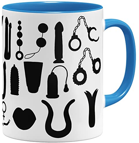 OM3® witzige Kaffee-Tasse Kaffeetasse mit Sex Toys-Muster Doodle - Keramik Becher - 11oz 325ml - Rundumdruck - Hellblau