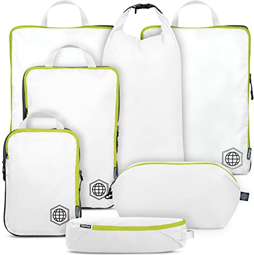TRIPPED Travel Gear - Set di 7 cubi da imballaggio a compressione da viaggio, extra large, sacchetti a compressione ultraleggeri, espandibili e a compressione per vestiti (bianco/verde)