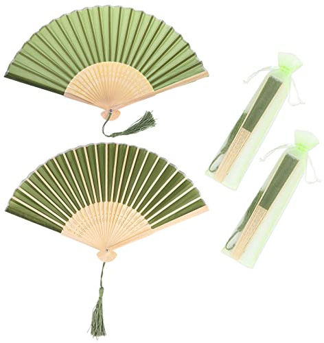Vaktop Handheld Fan Folding, 2 Pcs Silk Hand Fans for Women Folding (Green)