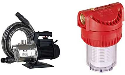 T.I.P. Gartenpumpe Edelstahl Clean Jet 1000 Plus mit 4m Ansauggarnitur (3.300 l/h Fördermenge 30094 & Vorfilter für Garten Pumpen und Hauswasserwerke 12,7 cm (5 Zoll)