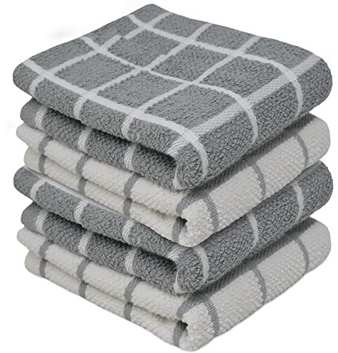 Towelogy® Premium Tea Towels for Kitchen 100% Cotton Lint Free Large Grey/White Jumbo Check Dishcloths Tear Resistant & Ecofriendly 45x65 cm (Grey/White, 4)