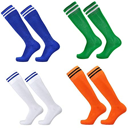 4 Paare Fußball Socken Lang für Kinder, Trainingssocken, Stutzen, Stutzenstrümpfe für Jungen und Mädchen von 7-10 Jahren, Sportsocken für Laufen, Training