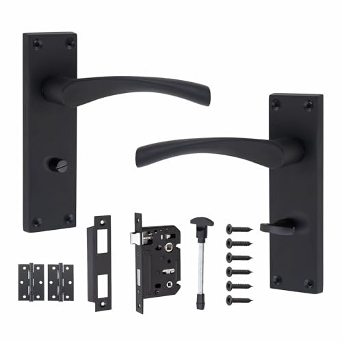 Golden Grace Victorian Scroll Door Handles with Bathroom Lock, Matt Black | Matt black zinc kit includes a 64mm mortise lock and 3-inch ball bearing hinges for internal wooden doors.