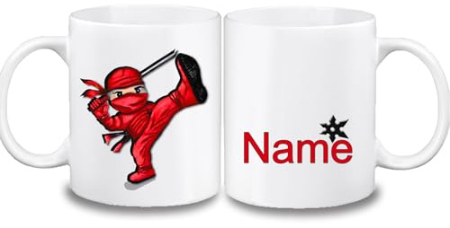 Kinder Tasse personalisiert mit Name, Ninja | Farbwahl Tasse, Schriftwahl für Name, Keramik oder Kunststoff