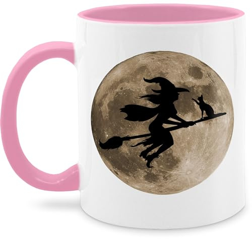 Tasse Tassen 325ml - Hexe Halloween Hexen auf Besen Vollmond Katze Witch Mond - 325 ml - Rosa - bild fliegende halloween-tasse haloween outfits mug grusel hellowee kaffeetasse gruselig helloween