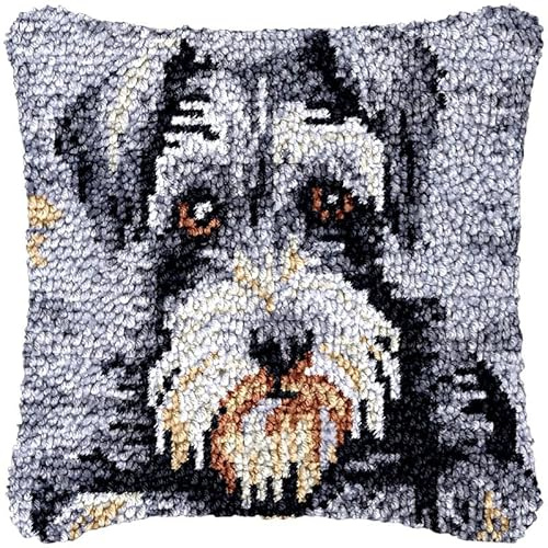 Beginner Latch Hook Pillow Kits Set Schnauzer Sofa Cushion Cover Latch Hook Carpet Rug Acrylic Yarn Christmas Decoration Crochet Hooking Pillowcase Craft Kits 17 x 17 Inch
