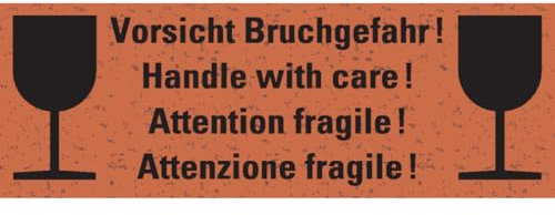 Dreifke® Aufkleber I Warnetikett Vorsicht Bruchgefahr!, 4-spr., rot, Graspapier, 147x50mm, 6 Stück