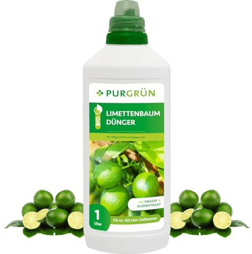Purgrün® Bio-Limettenbaum-Dünger 1 Liter – Organische Rezeptur – Premium-Flüssigdünger – NPK 4+1+7 – Mit Algenextrakt & Vinasse – Extra Kalium für saftige Limetten – Ohne tierische Inhaltsstoffe