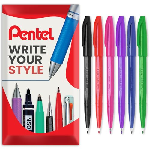 Pentel S520 original skylt penna fiberpenna markör finelinerpennor – 2 mm spets, 1 mm linje – i kuddförpackning (blandade paket med 6)